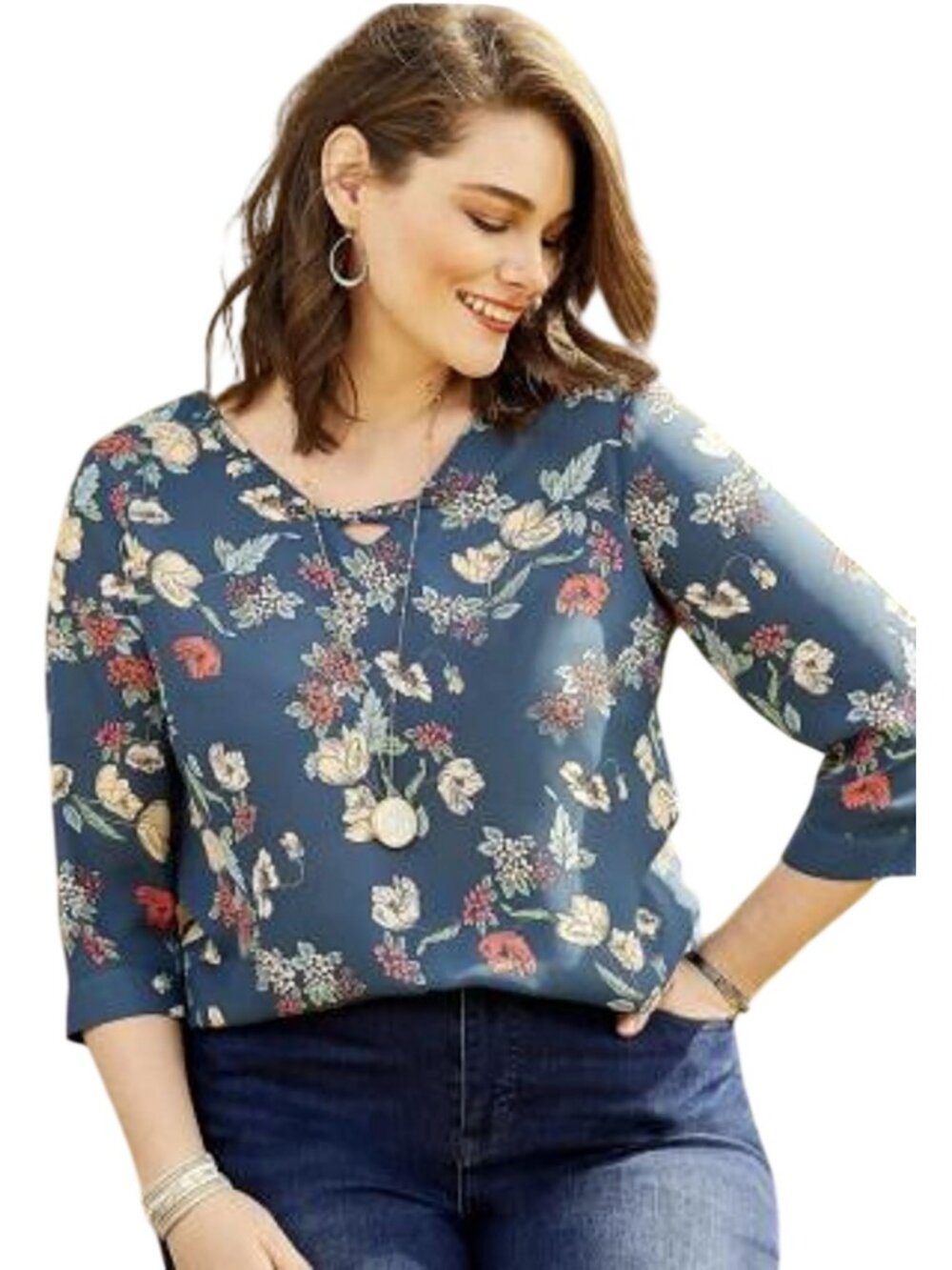 Maurices Blouse Large Floral V-Neck 3/4 Sleeve Top Teal Multi Bohemian Hippie